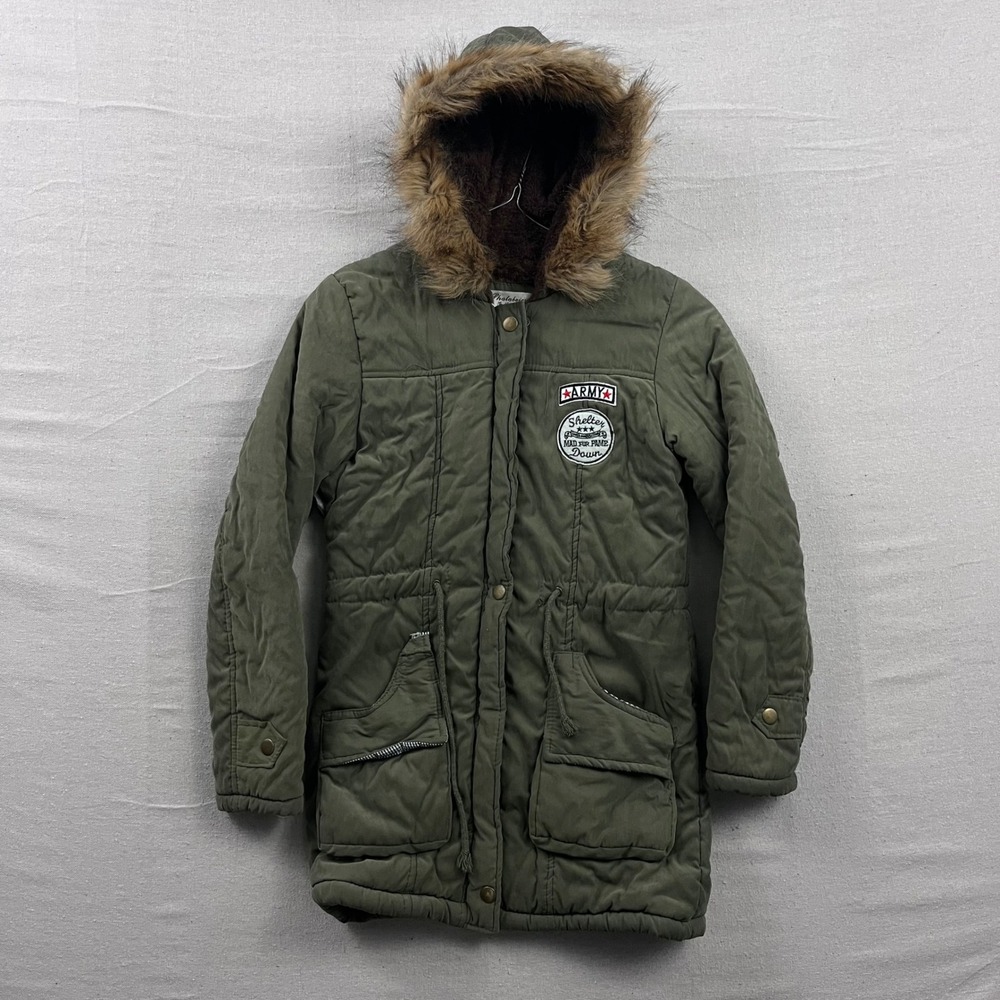 Shalabeier Parka Jacket Womens M Olive Green Faux Fur Hood Sherpa Lined Military